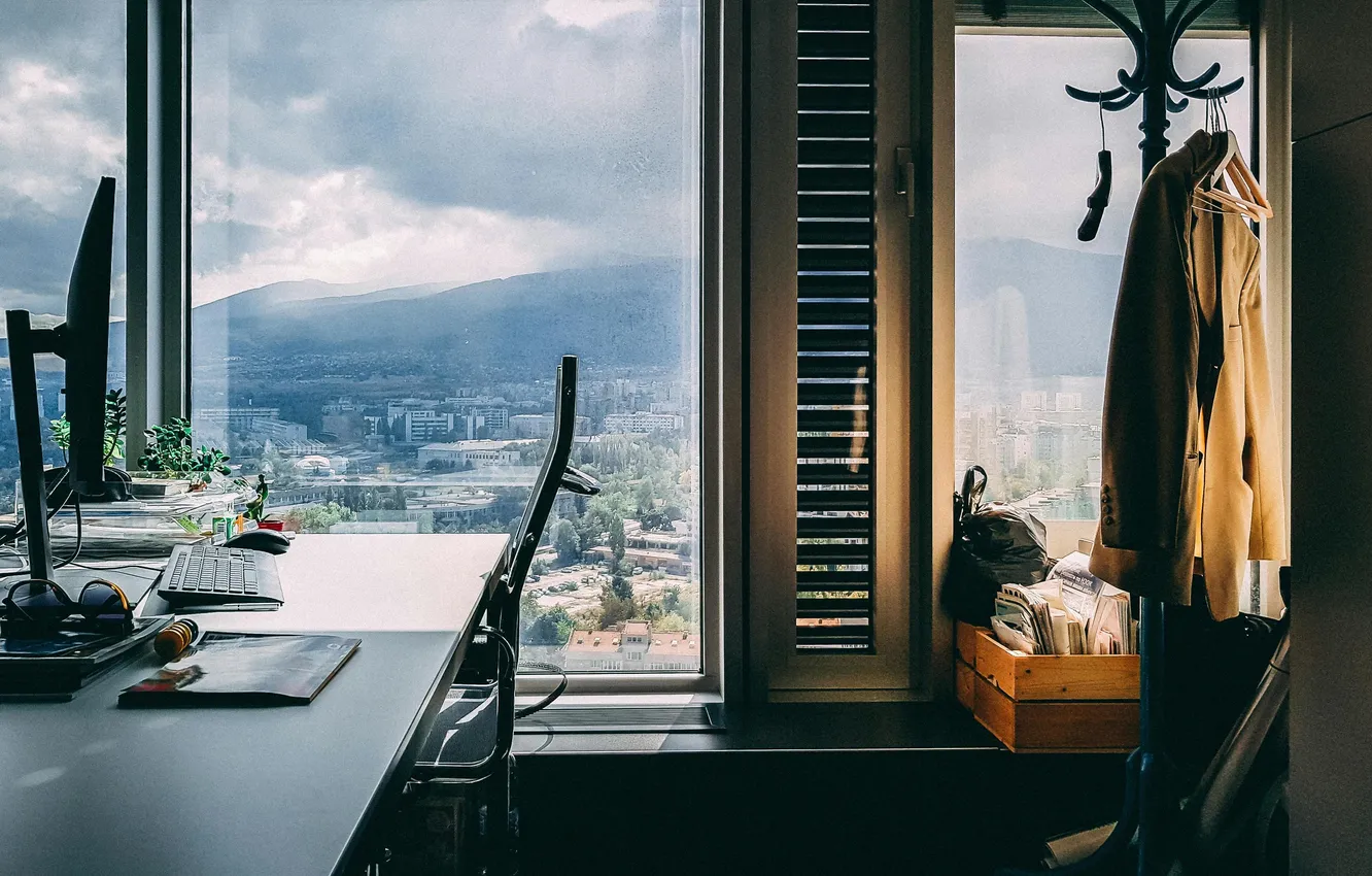 Photo wallpaper room, interior, office, office, city view, desk by the window