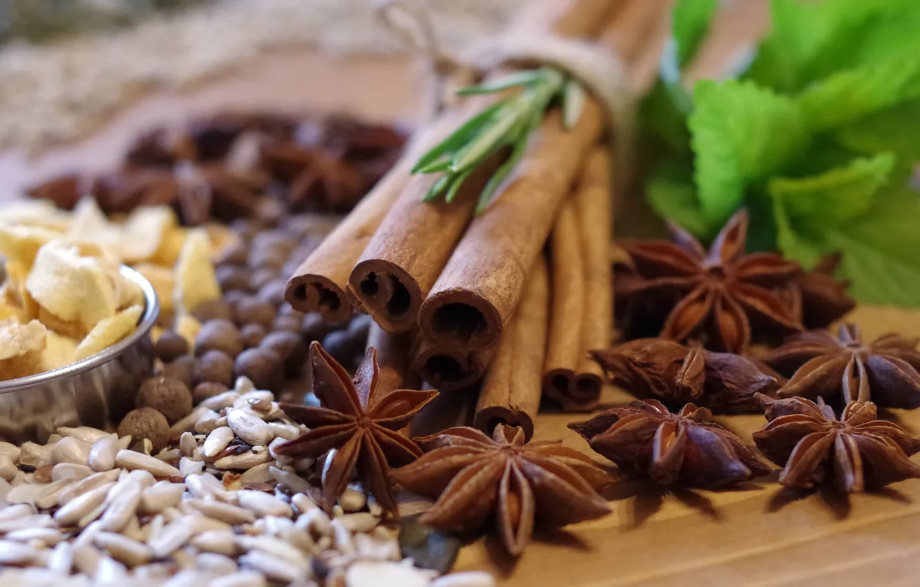 Photo wallpaper leaves, macro, nuts, cinnamon, seeds, mint, bokeh, spices