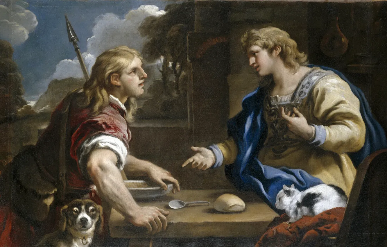 Photo wallpaper picture, religion, myth, Luca Giordano, Esau and Jacob, Selling Birthright