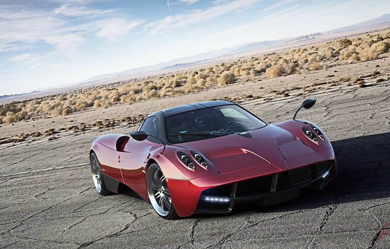 Photo wallpaper Red, Pagani, Sky, Power, Front, Road, Supercar, To huayr