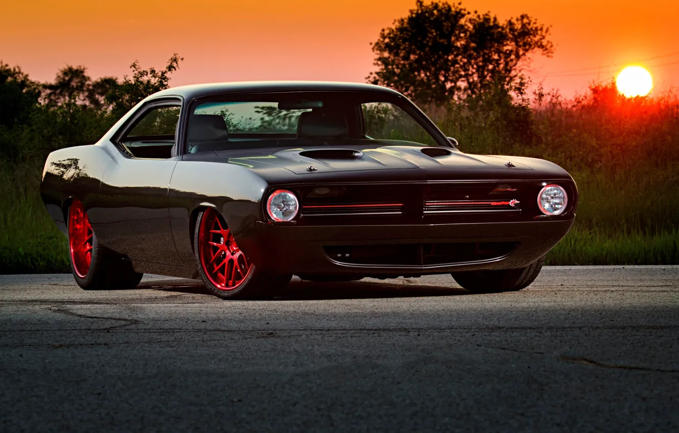 Photo wallpaper sunset, Barracuda, Plymouth, Cuda, Hemi, Wheels, 1000HP, DE3C