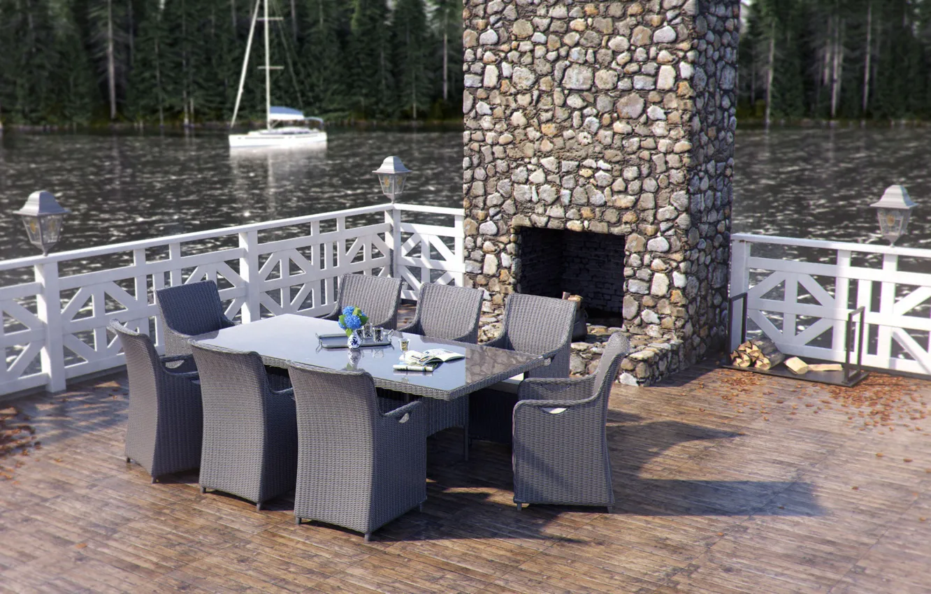 Photo wallpaper furniture, yacht, wood, pond, Rattan Furniture CGI