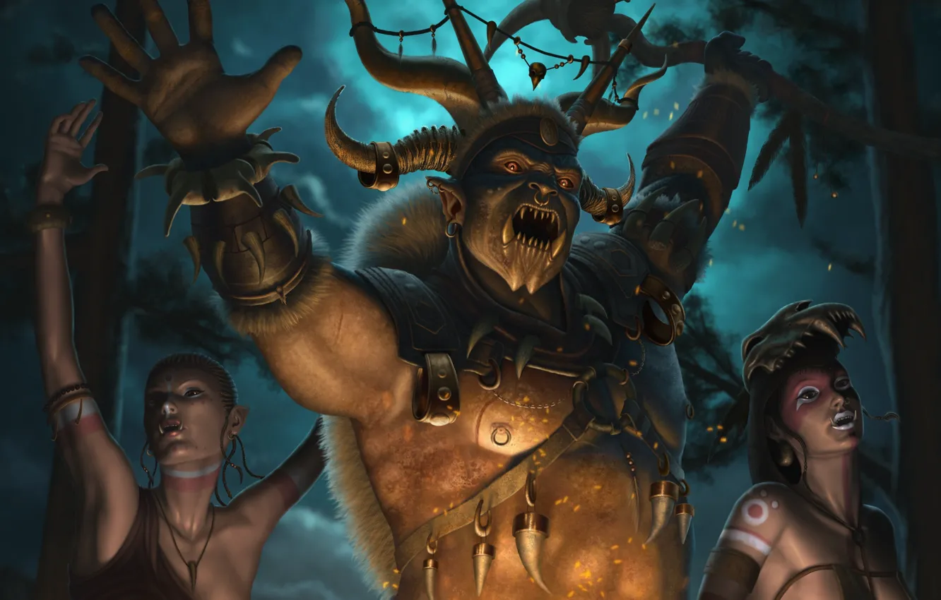 Photo wallpaper night, bones, staff, shaman