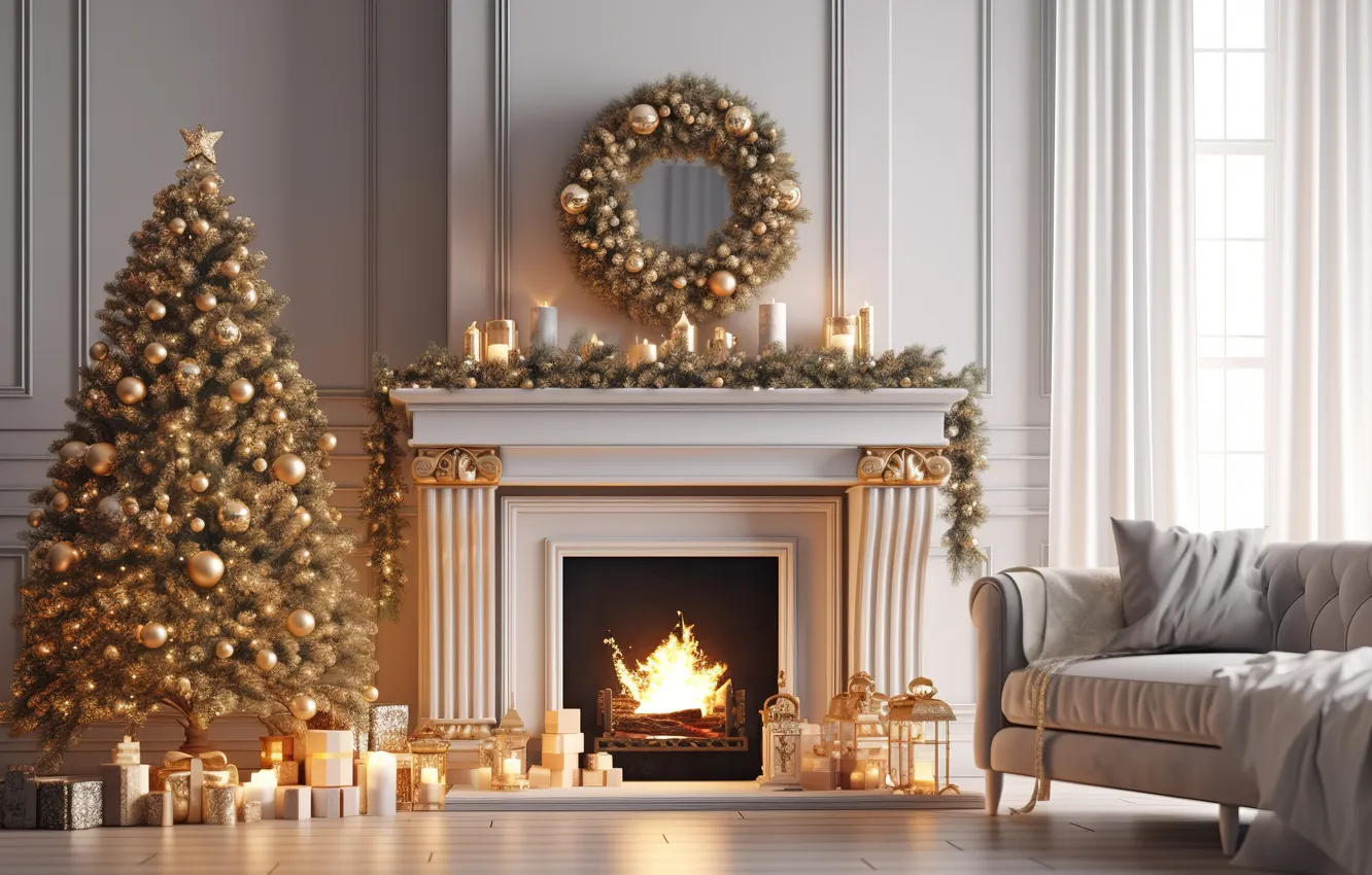 Photo wallpaper decoration, room, gift, tree, new year, interior, Christmas, fireplace