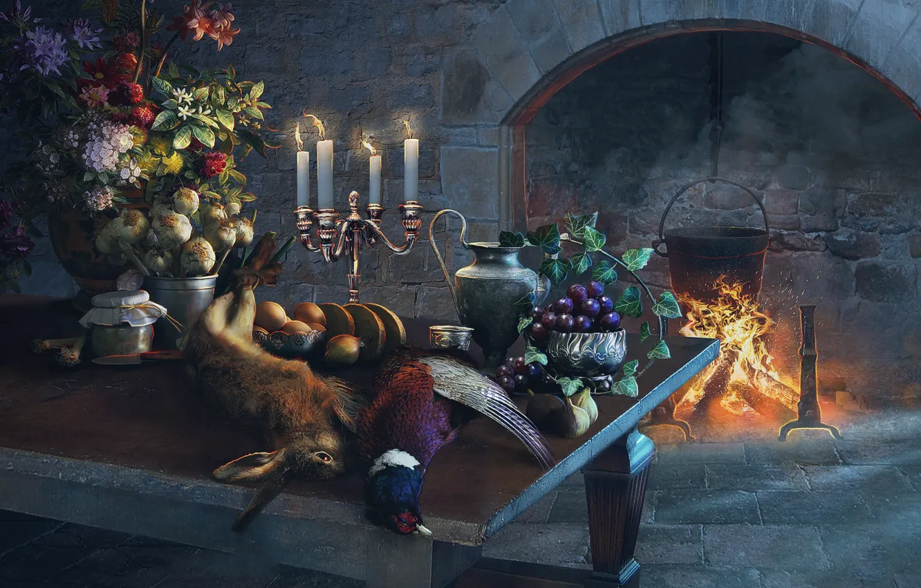 Photo wallpaper flowers, table, hare, bouquet, candles, fireplace, painting, garlic