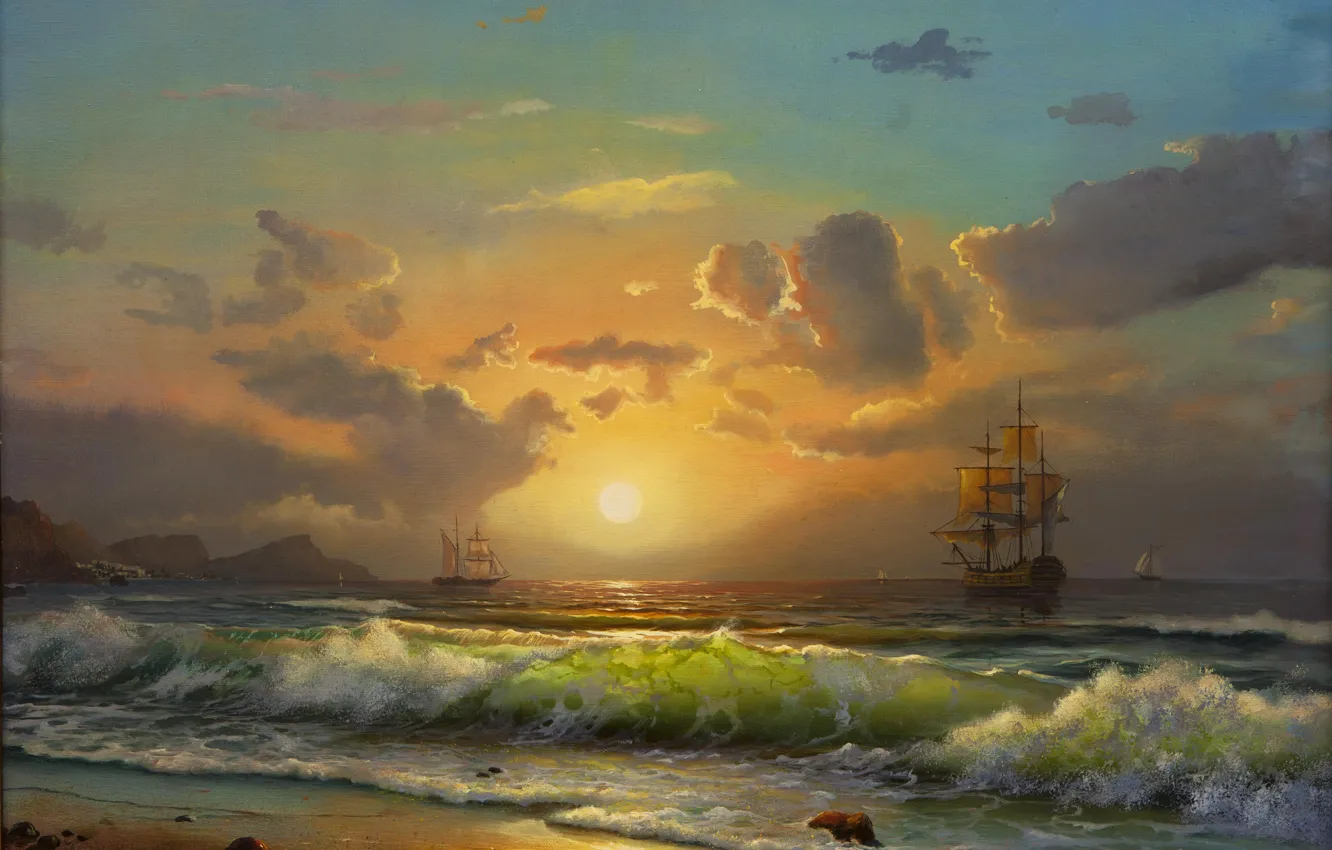 Photo wallpaper shore, sail, painting, the sky. clouds, sea. wave. ships