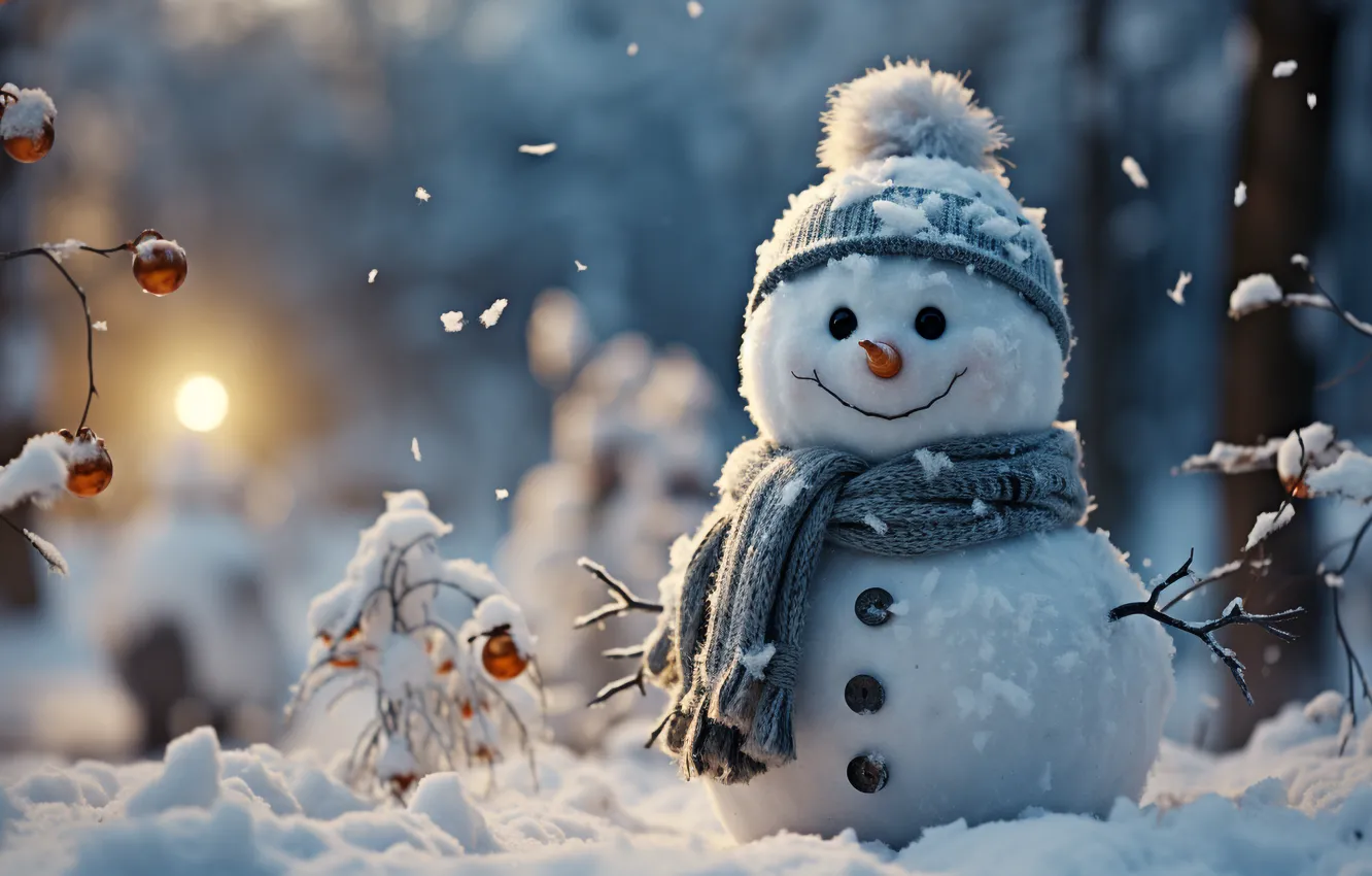 Photo wallpaper winter, snow, new year, Christmas, snowman, Christmas, night, winter