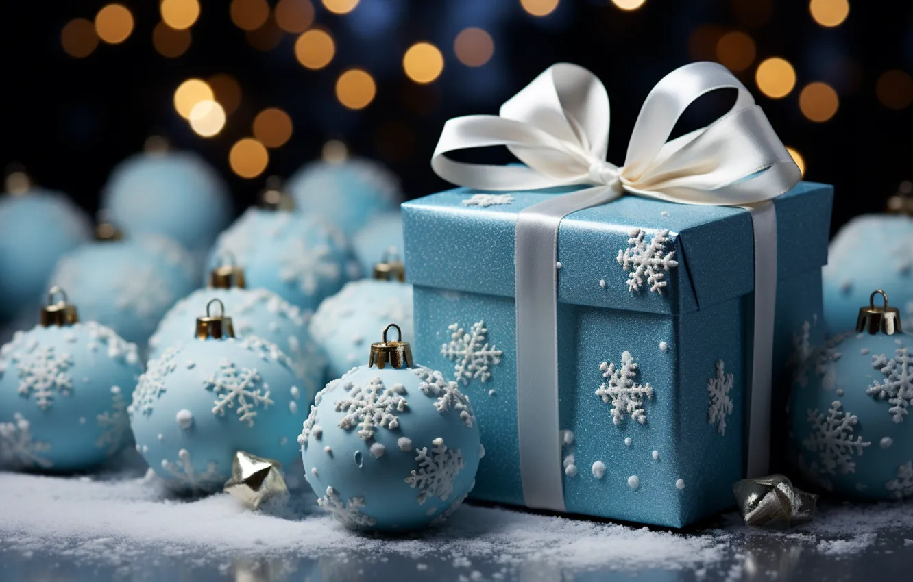 Photo wallpaper winter, snow, decoration, snowflakes, gift, balls, new year, Christmas