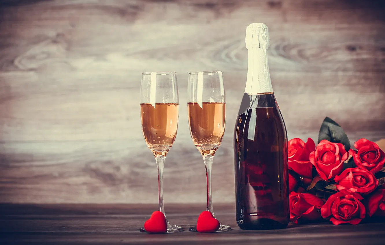 Photo wallpaper flowers, romance, roses, glasses, champagne, March 8