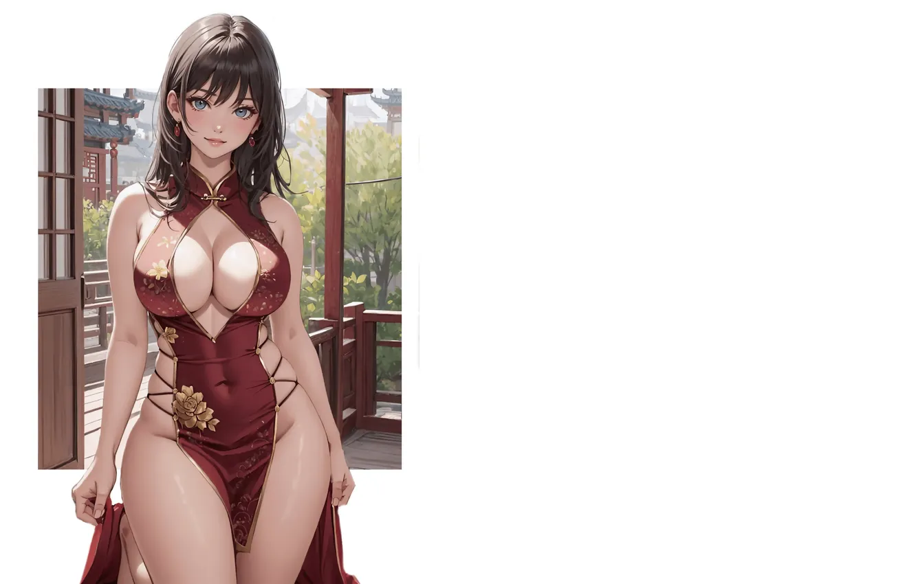 Photo wallpaper red, girl, hot, cleavage, boobs, anime, figure, pretty