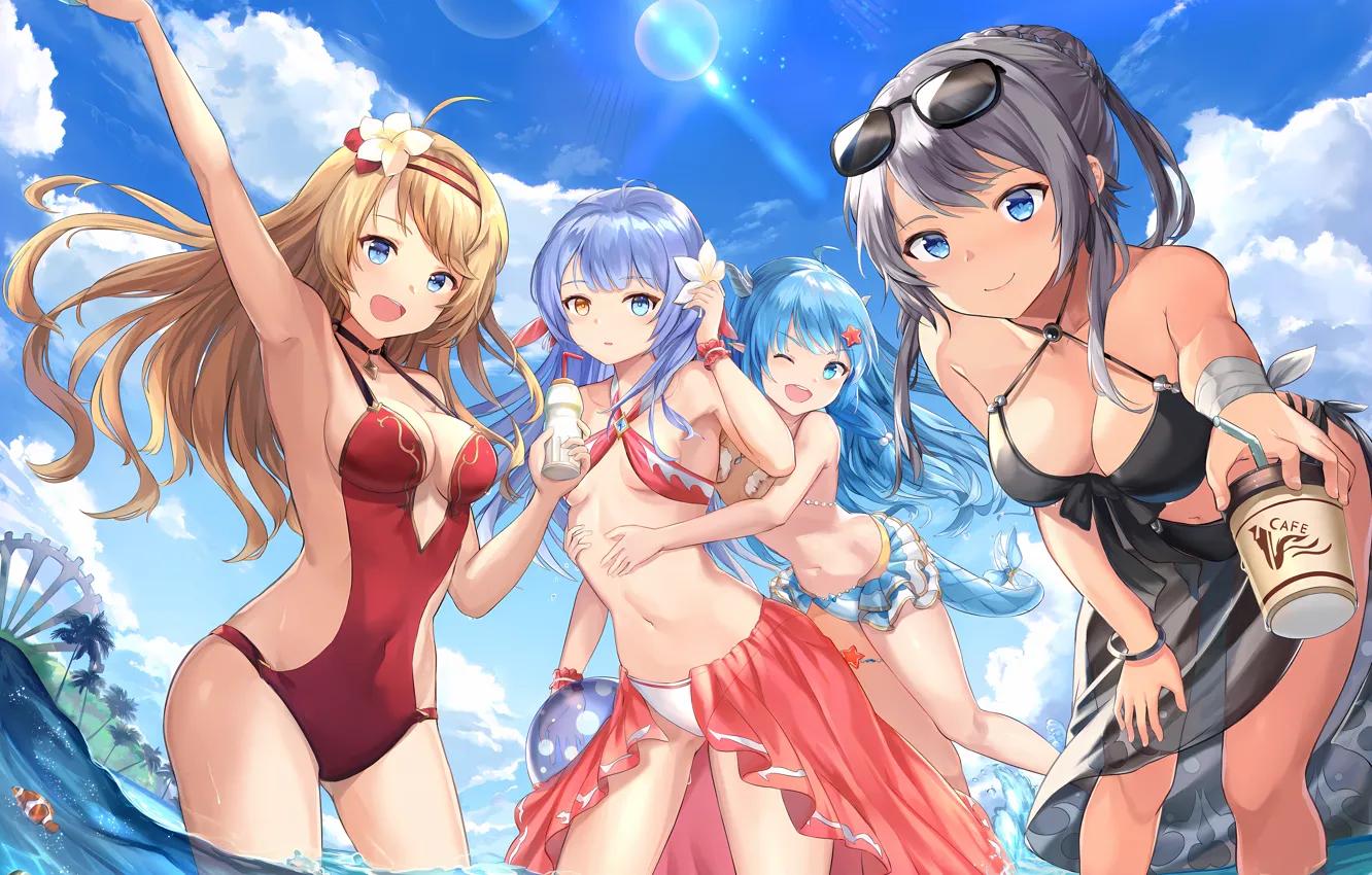 Photo wallpaper sexy, cleavage, beach, sky, long hair, legs, sea, girls