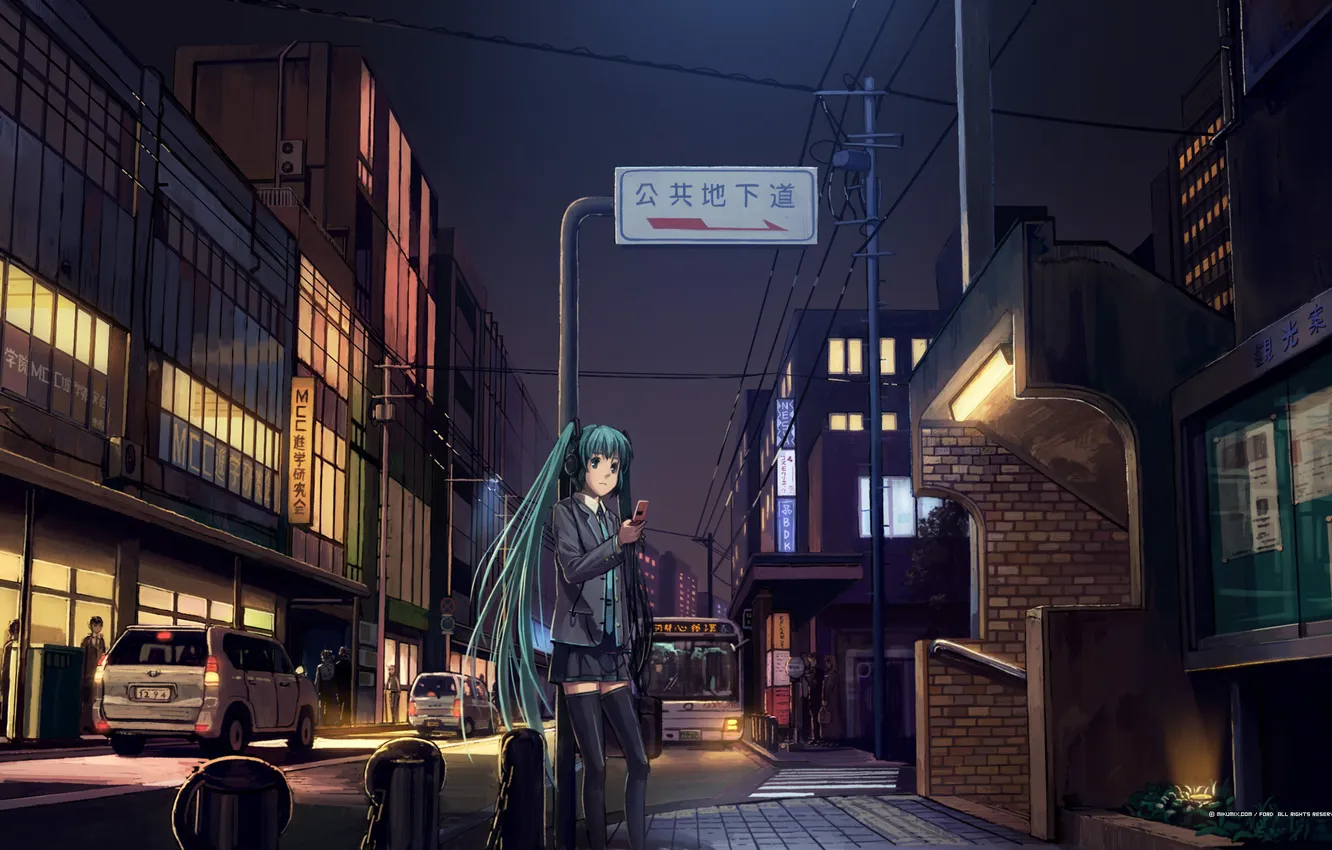 Photo wallpaper machine, street, Girl, the evening, vocaloid, Vocaloid, cell phone