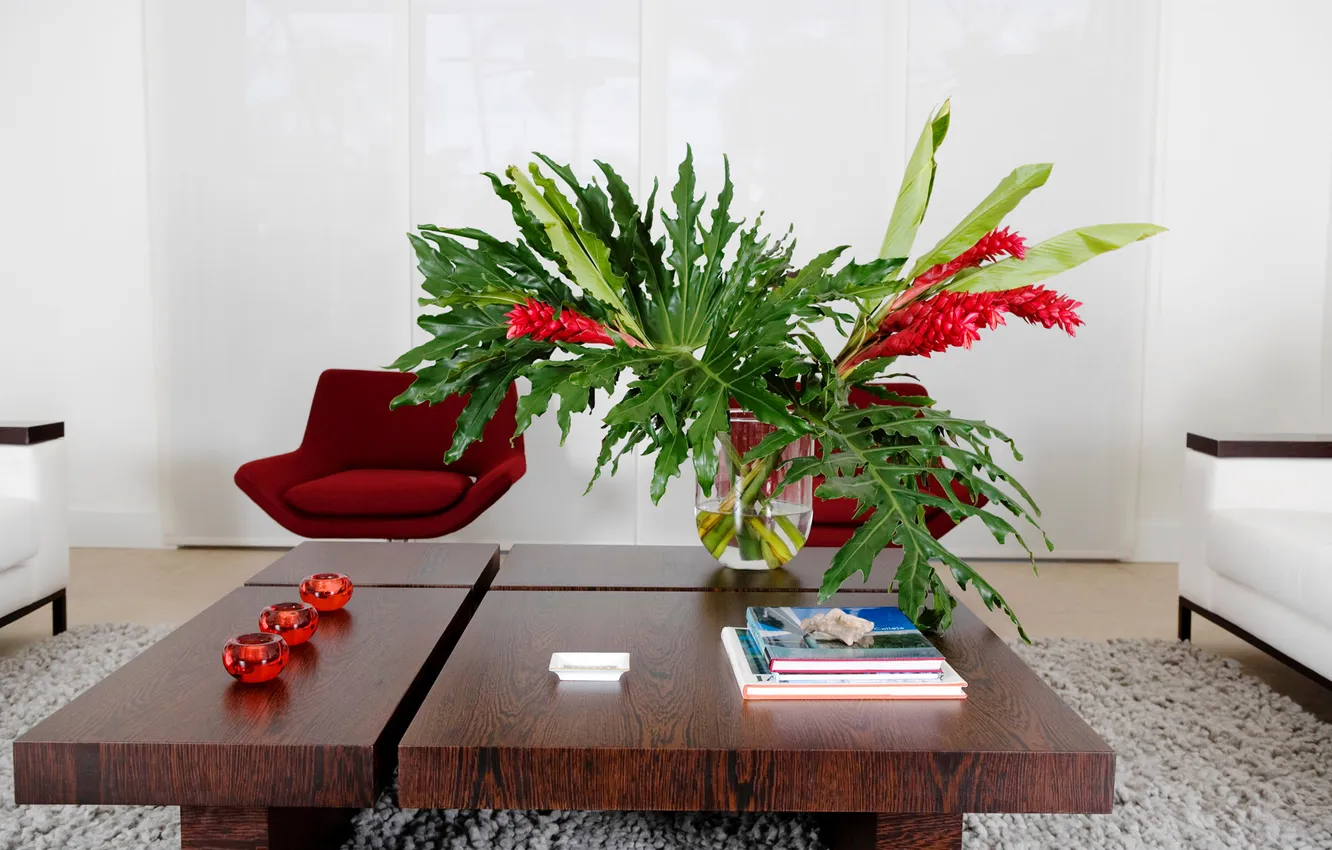 Photo wallpaper flowers, sofa, carpet, chair, vase, table, living room