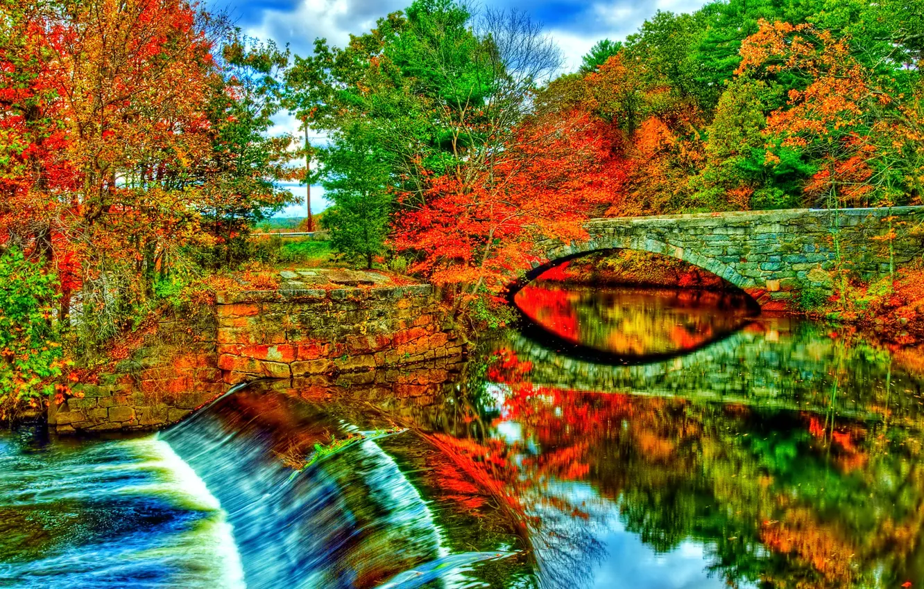 Photo wallpaper autumn, the sky, trees, bridge, river, arch, dam