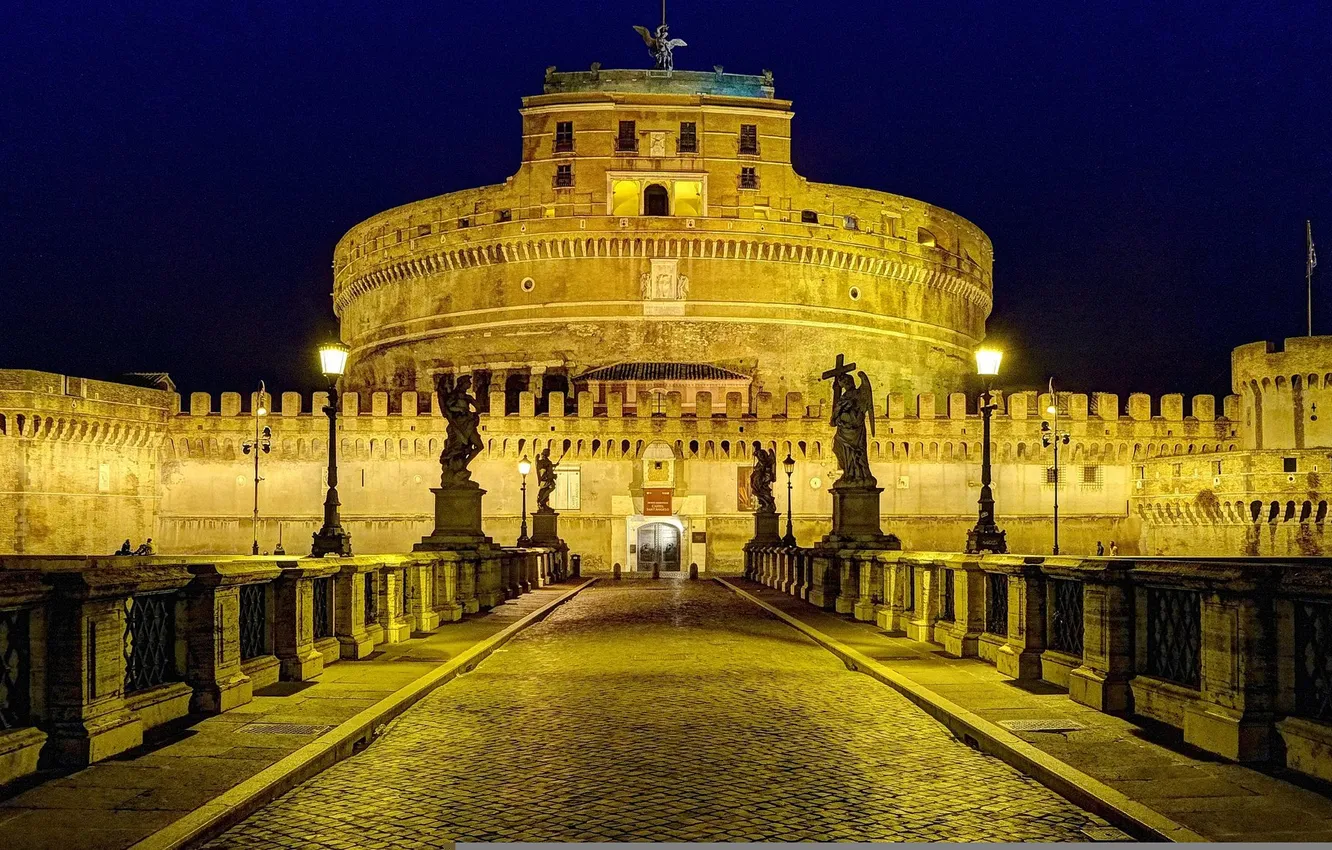 Photo wallpaper the sky, night, bridge, lights, Rome, Italy, sculpture, Castel Sant'angelo