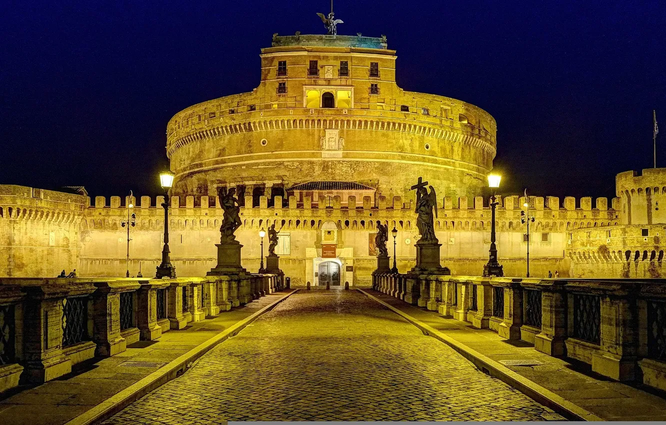 Photo wallpaper the sky, night, bridge, lights, sculpture, Italy, Rome, Castel Sant'angelo