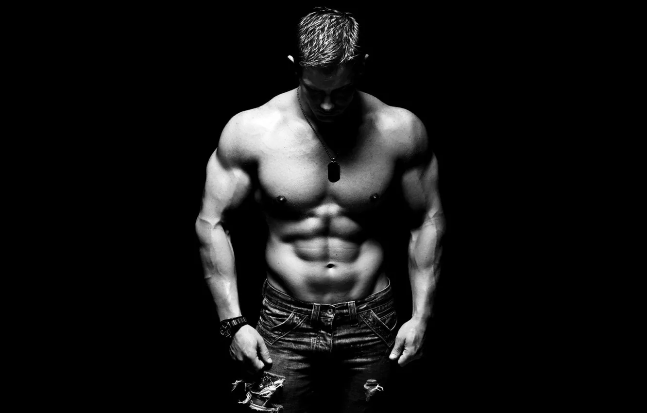 Photo wallpaper black & white, Muscle, man, jeans, chain, bodybuilder