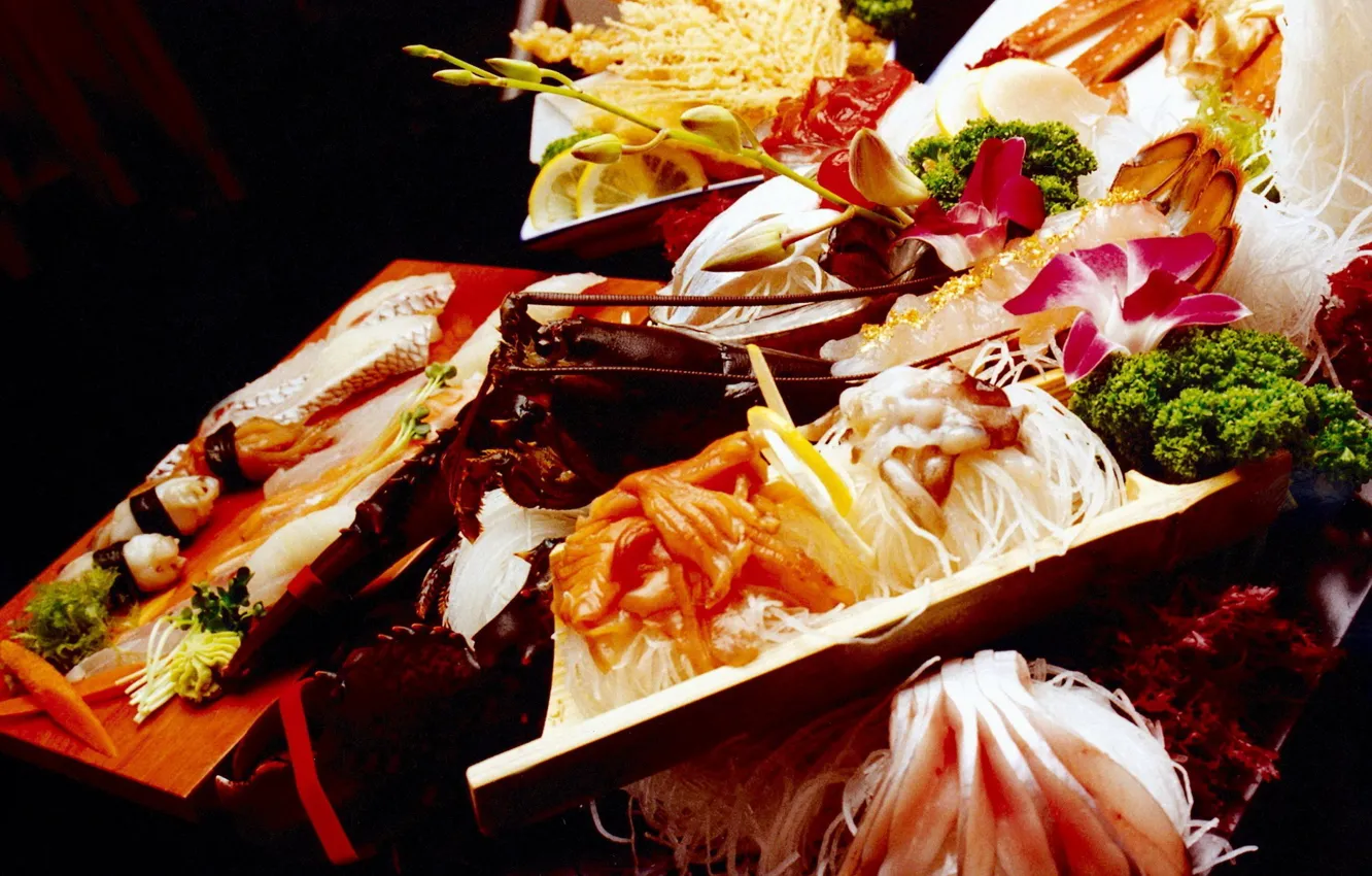 Photo wallpaper sushi, seafood, noodles, delicacy