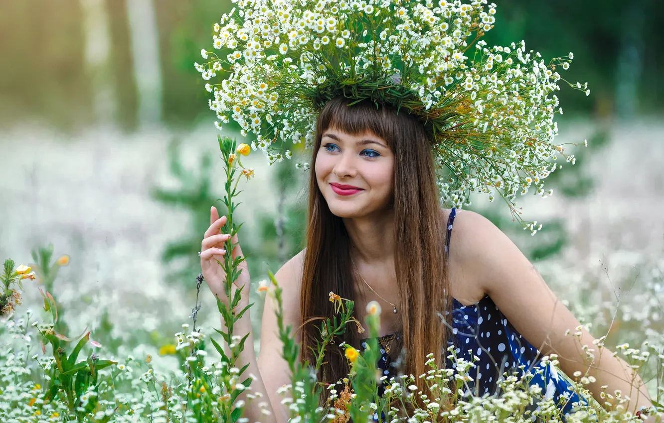 Photo wallpaper girl, flowers, nature, wreath