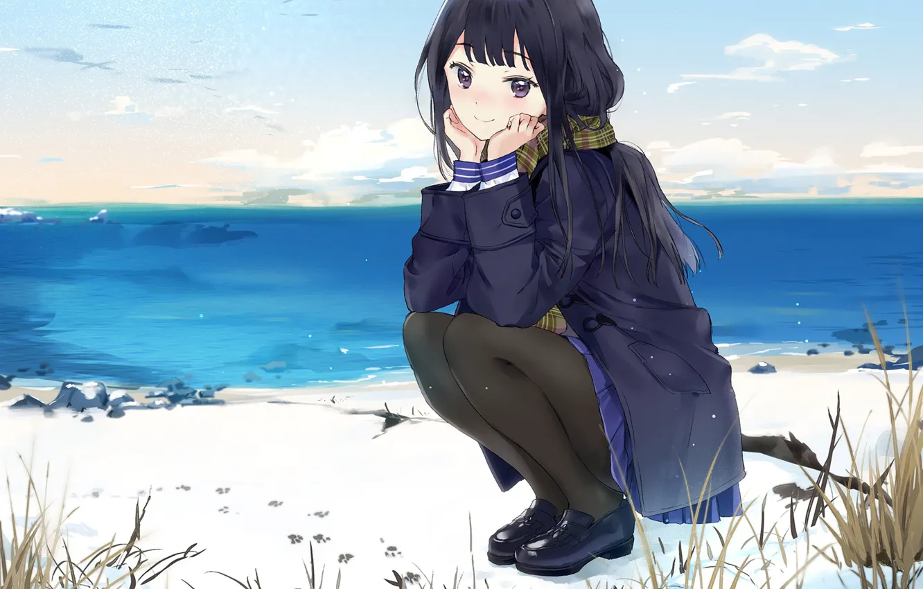 Photo wallpaper grass, look, girl, anime, brunette