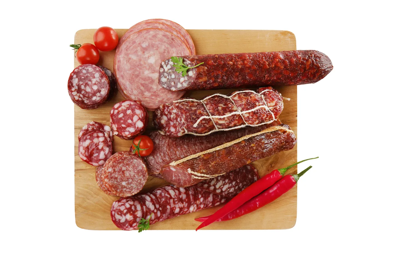Photo wallpaper white background, Board, pepper, tomatoes, sausage