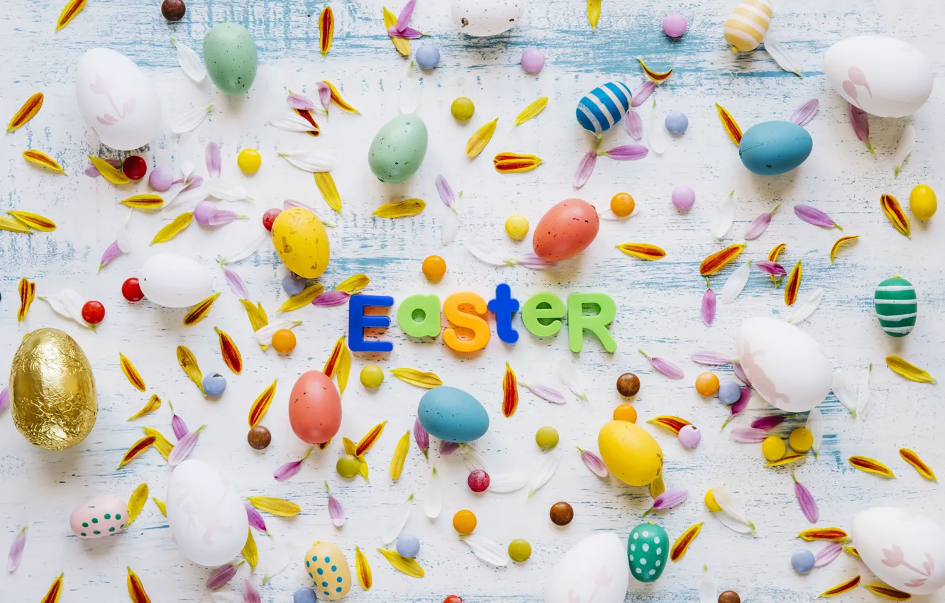 Photo wallpaper eggs, spring, petals, candy, Easter, colorful, easter