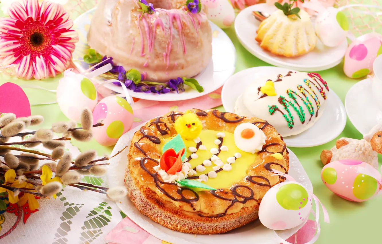 Photo wallpaper eggs, Easter, cake, flowers, spring, Easter, eggs, serving