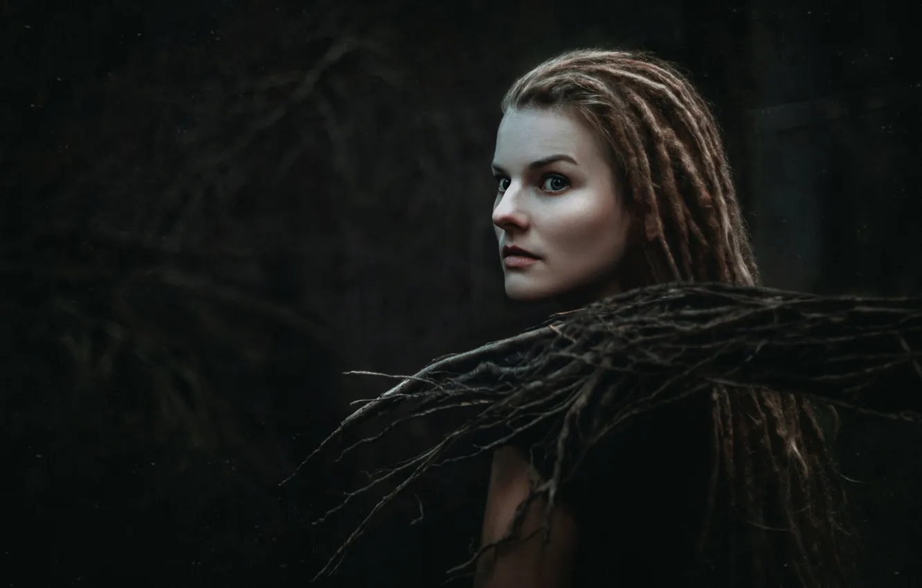 Photo wallpaper girl, branches, style, the dark background, portrait, dreadlocks, cosplay, Eva Wald