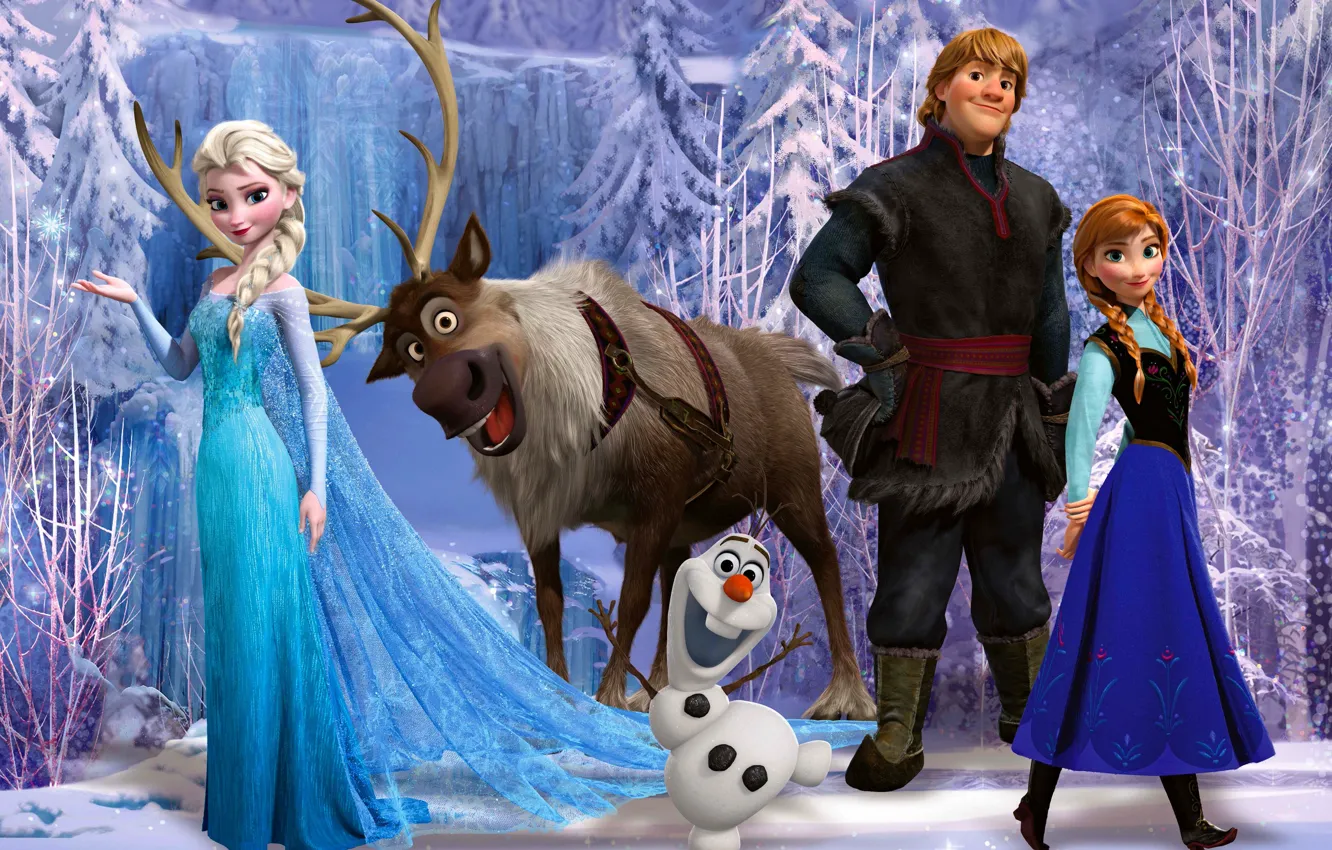 Photo wallpaper snow, snowflakes, ice, deer, snowman, Frozen, Princess, Anna