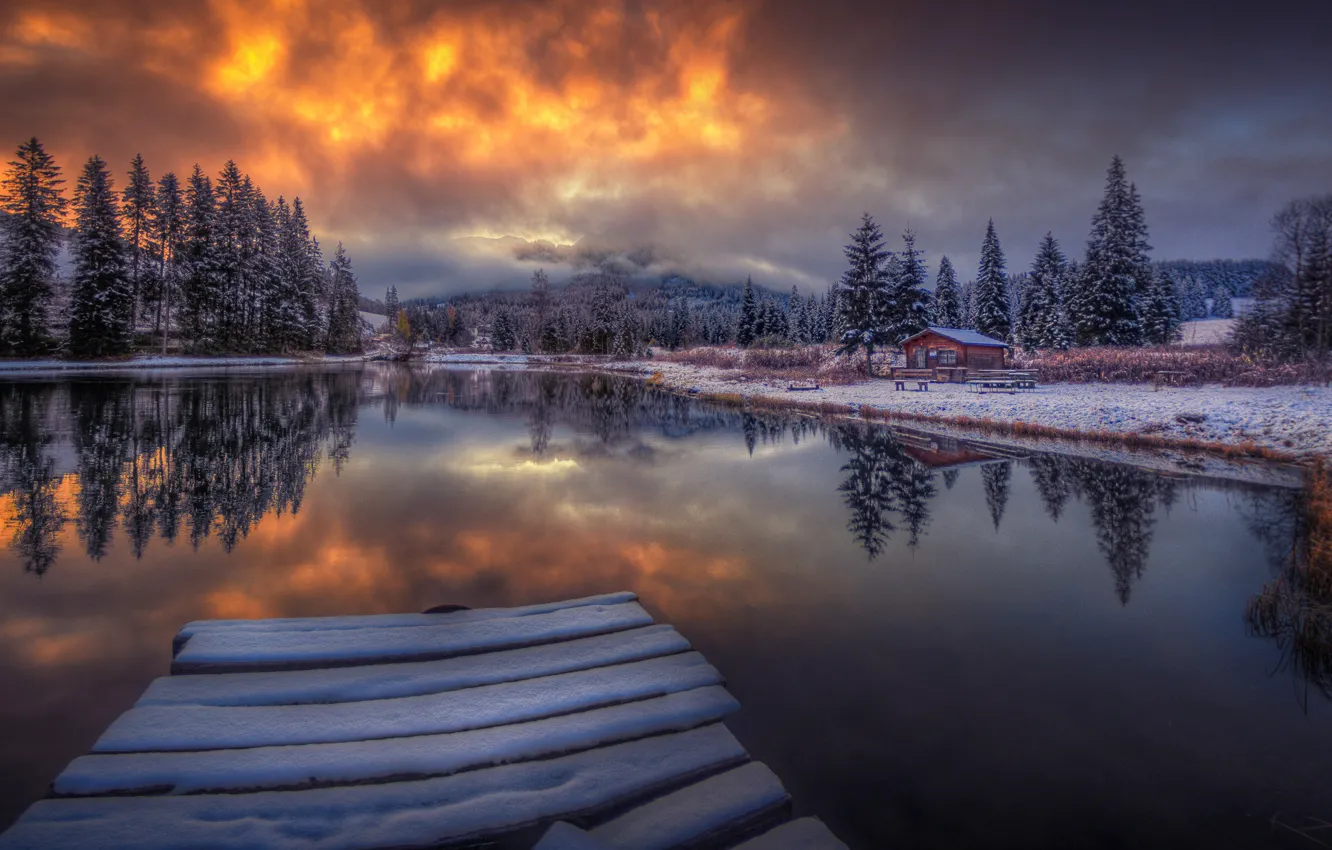 Wallpaper winter, the sky, mountains, lake, dawn, tree, Austria ...