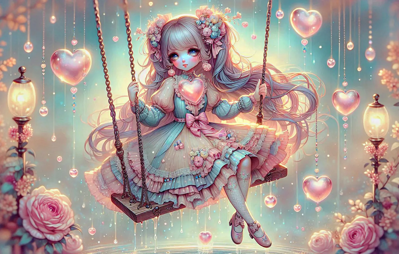 Photo wallpaper light, shoes, decoration, flowers, swing, roses, dress, blonde