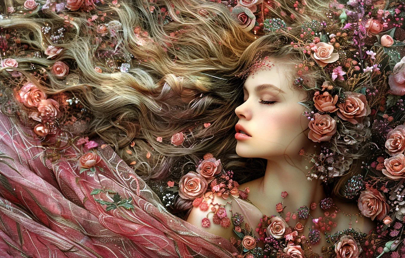 Photo wallpaper girl, decoration, flowers, fantasy, roses, fantasy, blonde, fabric