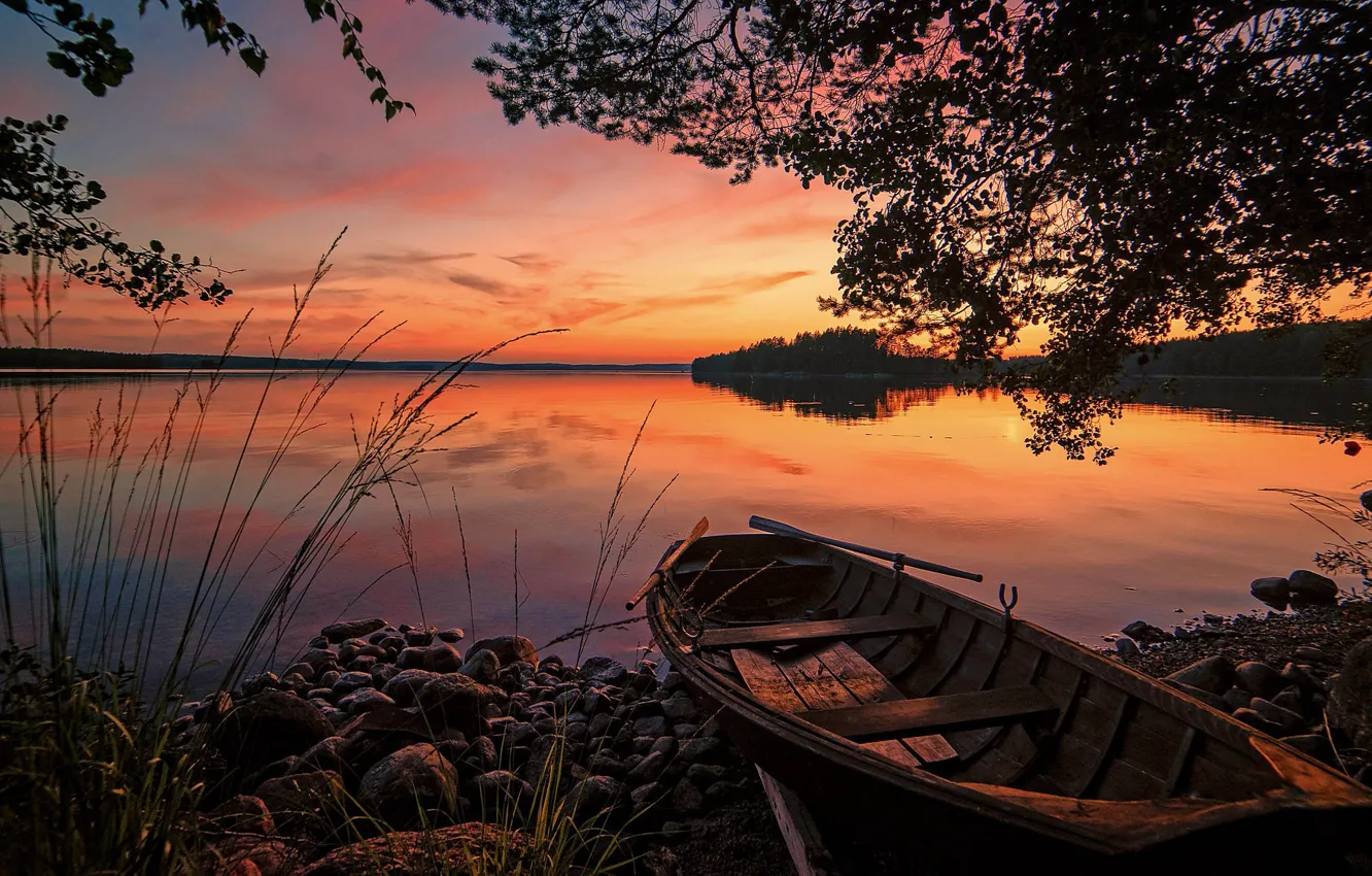 Photo wallpaper sunset, lake, boat, the evening, Finland
