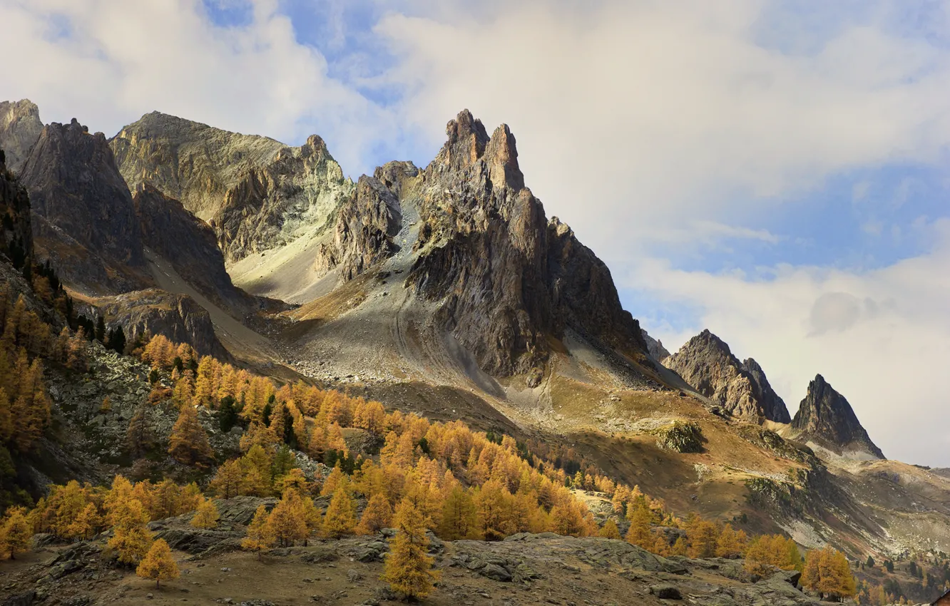 Photo wallpaper autumn, the sky, clouds, trees, mountains, rocks, slope