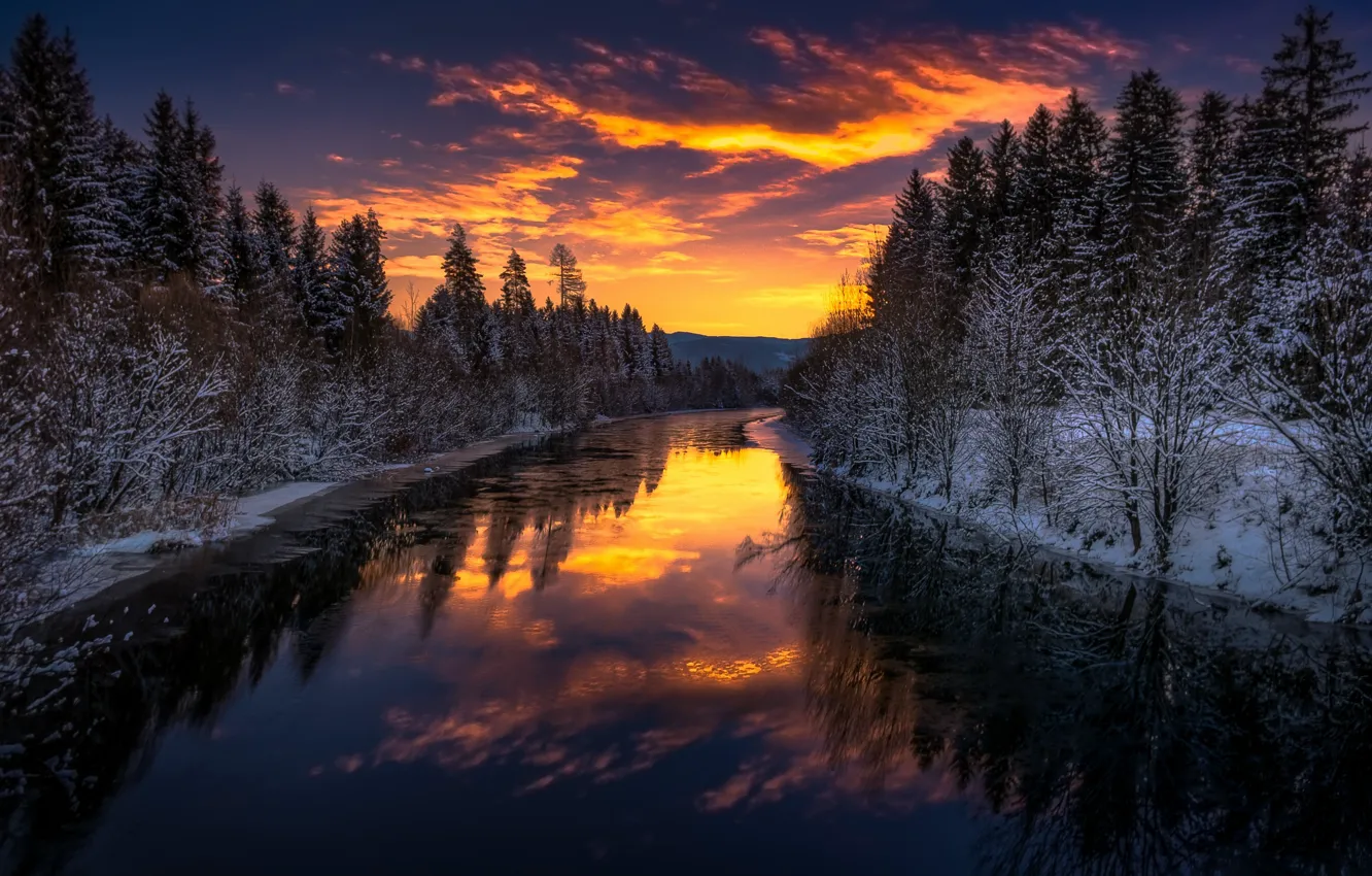 Photo wallpaper winter, night, river