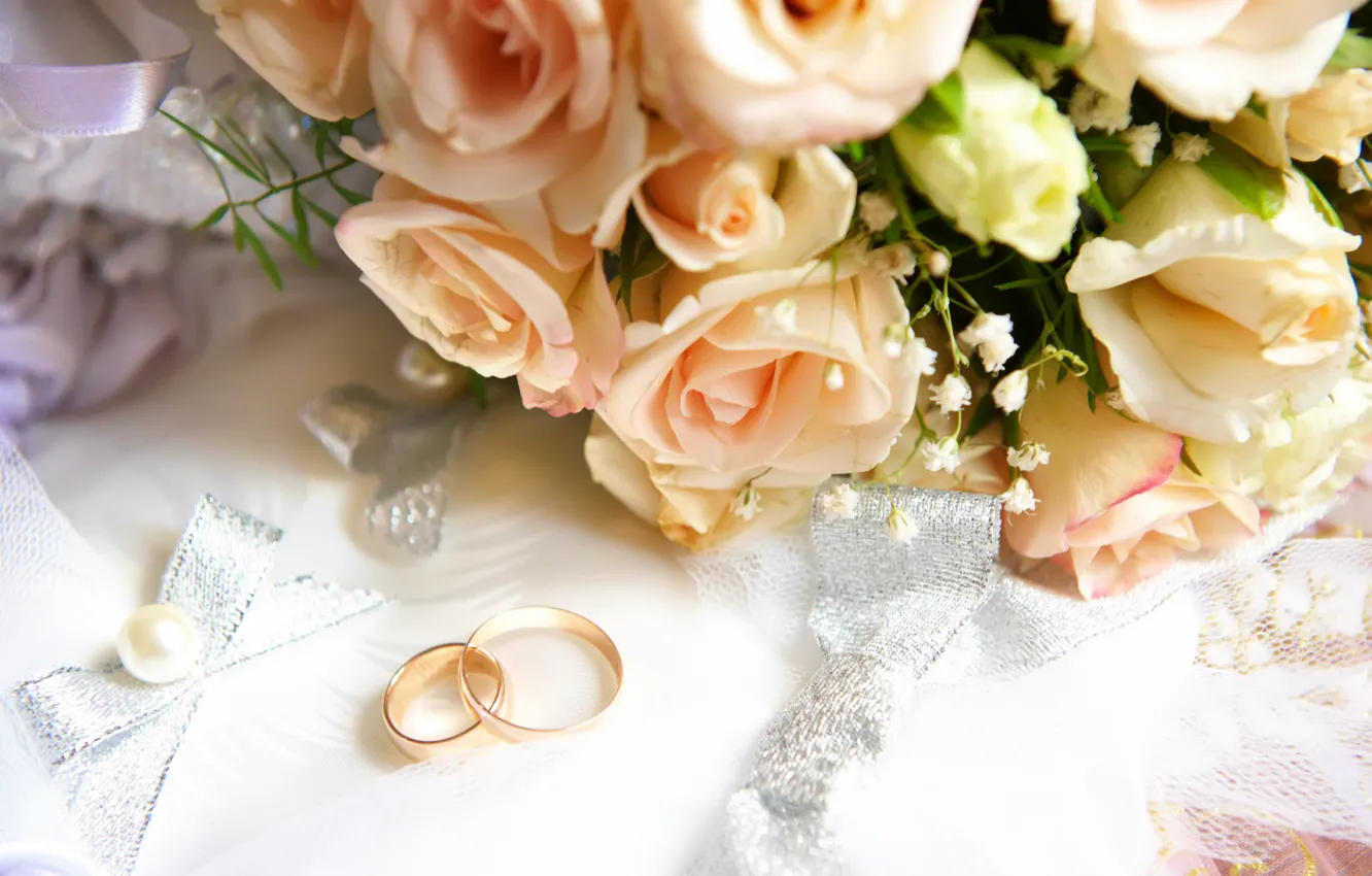 Photo wallpaper flowers, bow, flowers, engagement rings, ribbon, bead, wedding rings, bead