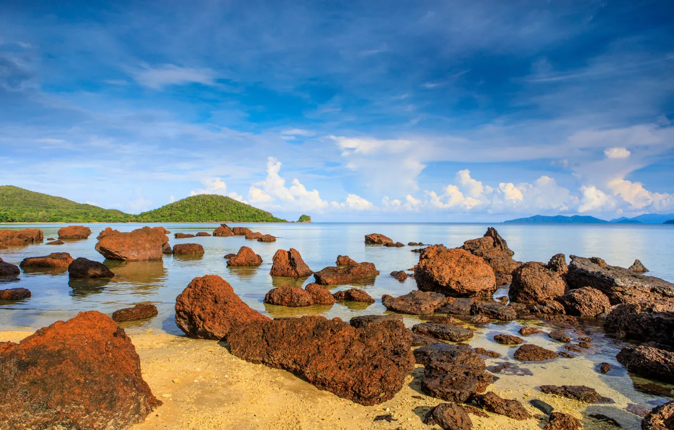 Photo wallpaper sand, sea, wave, beach, summer, the sky, stones, summer