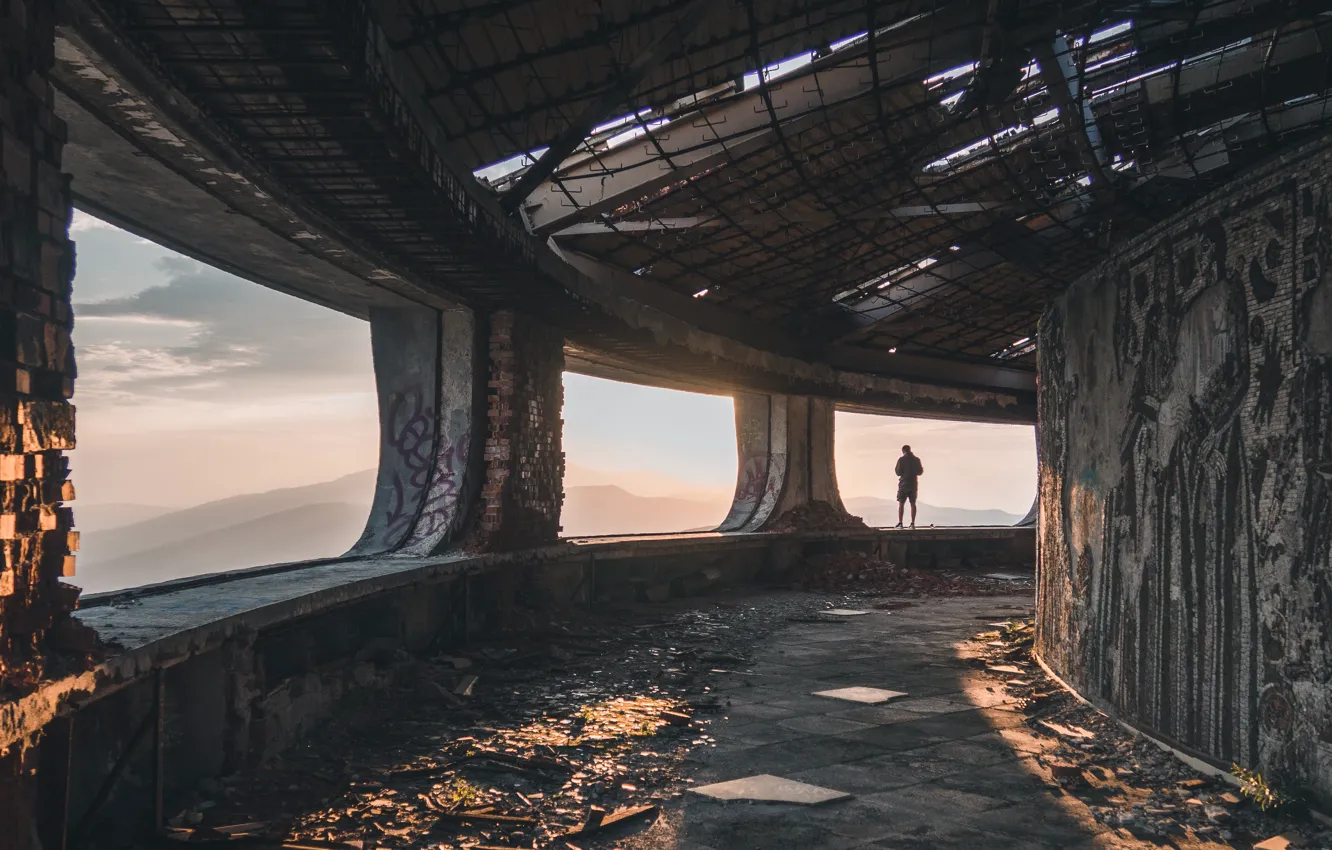 Photo wallpaper graffiti, mosaic, person, abandoned, ruin, Past, Shards