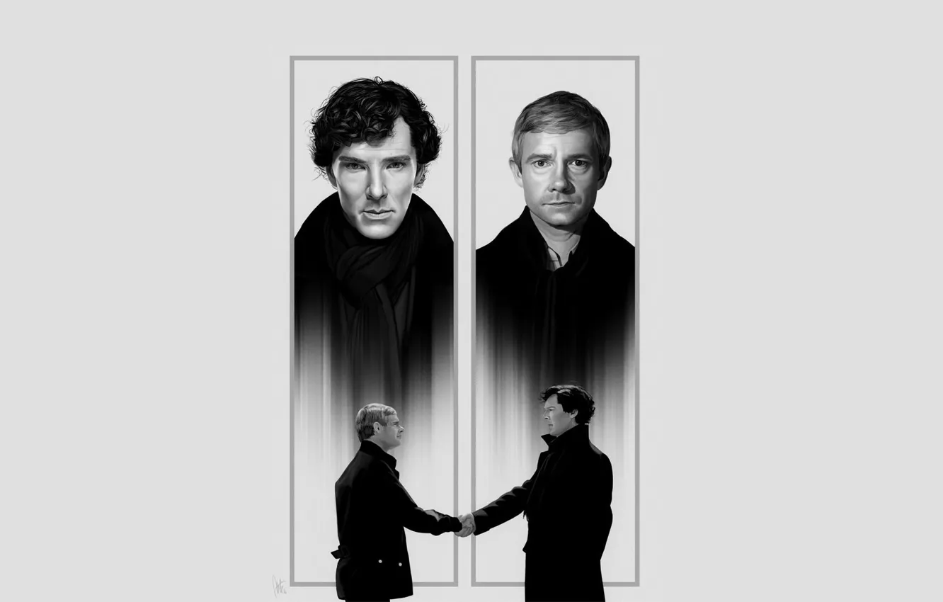 Photo wallpaper minimalism, art, handshake, Martin Freeman, Benedict Cumberbatch, Sherlock BBC, Sherlock Holmes, John Watson
