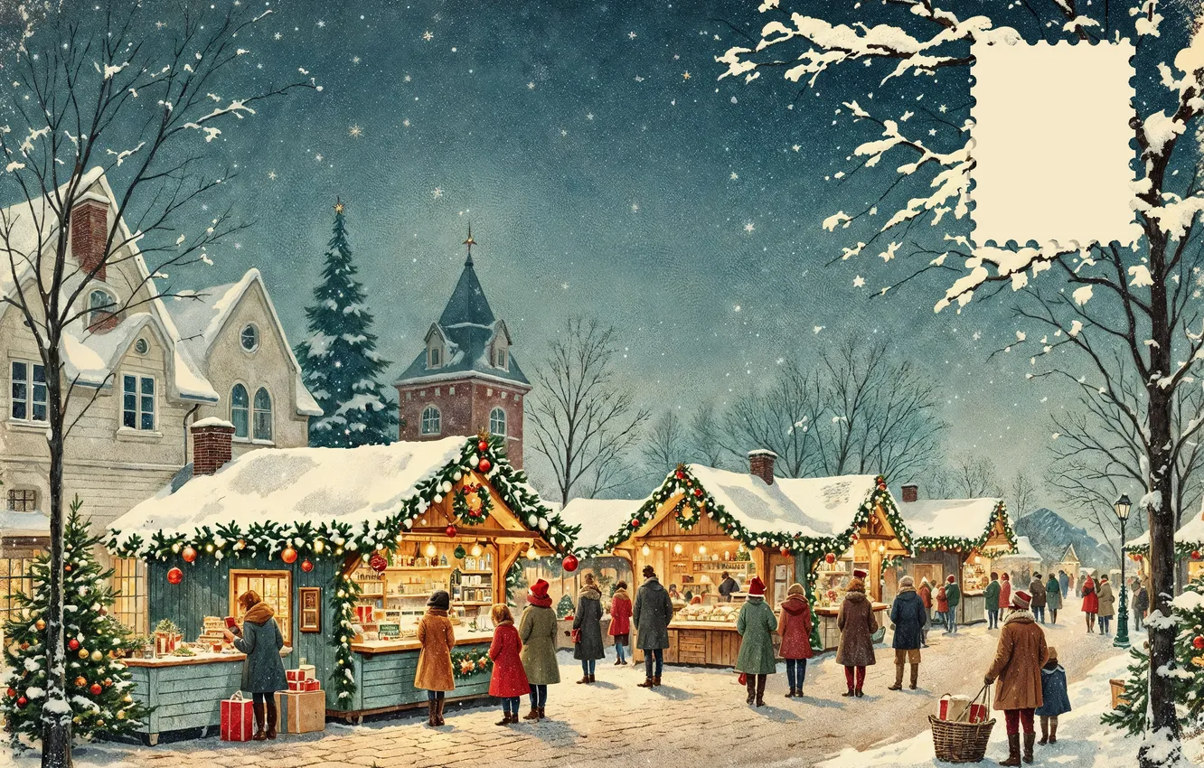 Photo wallpaper winter, snow, the city, people, street, figure, New Year, Christmas