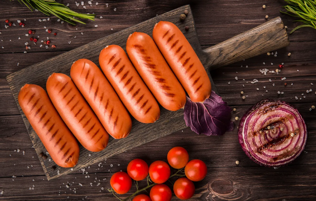 Photo wallpaper sausage, bow, tomatoes, grill