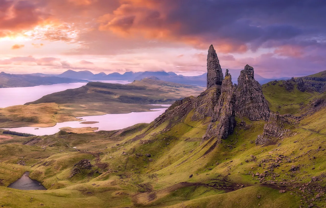 Photo wallpaper rocks, Scotland, rock, sunset, Scotland, Isle of Skye, Isle of Skye, The Storr