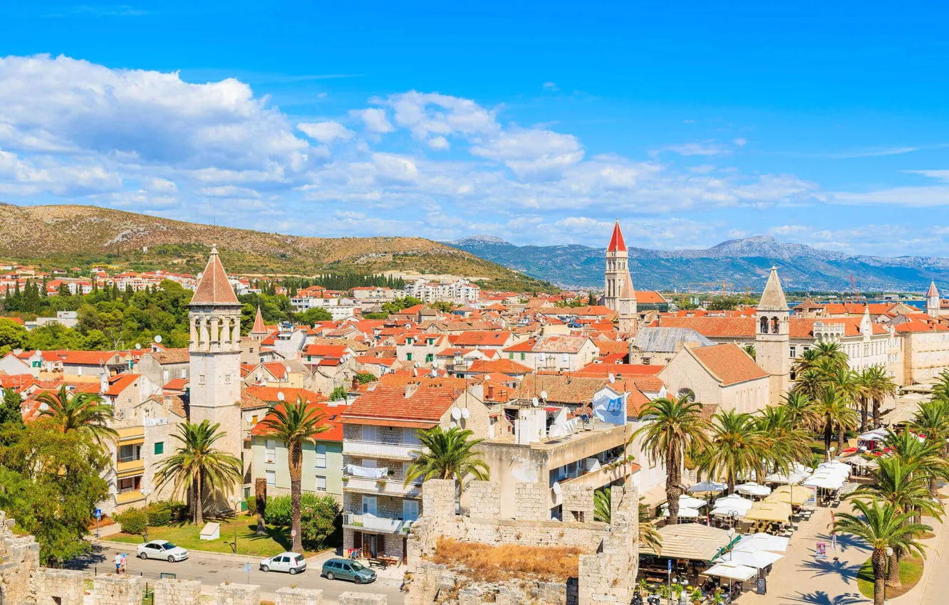Photo wallpaper palm trees, home, panorama, Croatia, Trogir, the Kamerlengo fortress, Kamerlengo