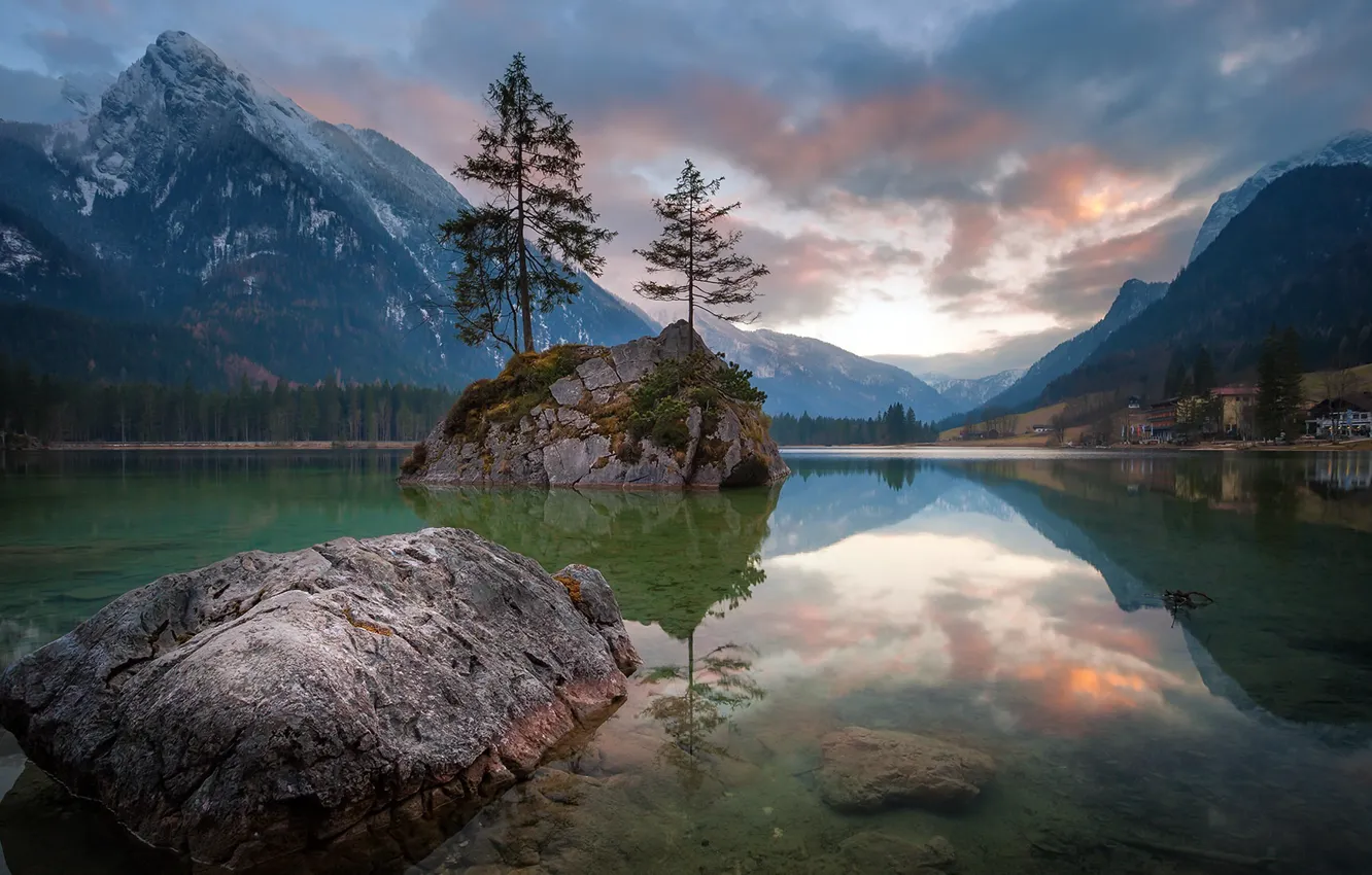 Photo wallpaper mountains, lake, morning