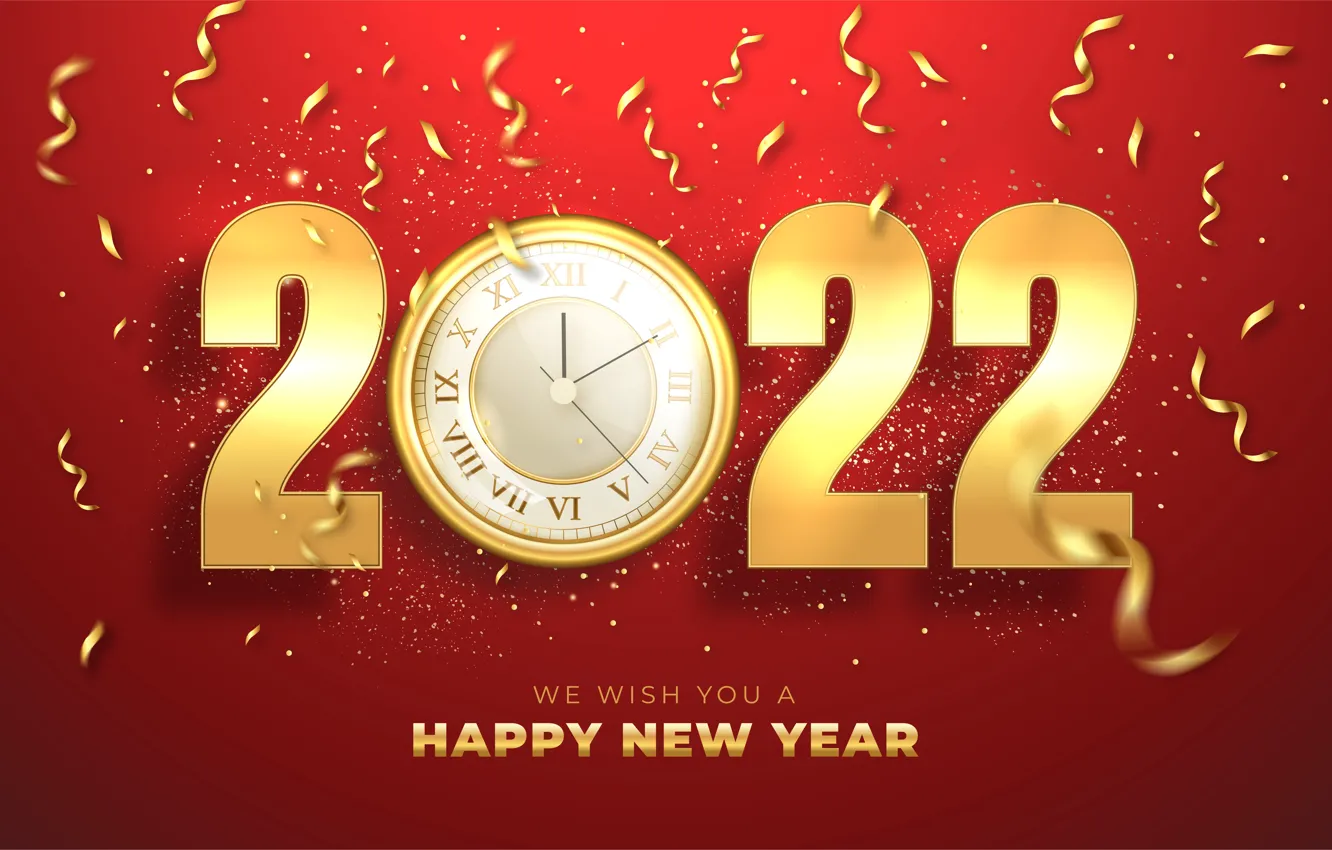Photo wallpaper gold, watch, figures, New year, red, golden, dial, new year