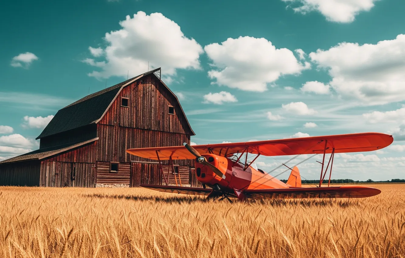 Photo wallpaper wheat, field, the sky, Wallpaper, art, hangar, wallpaper, sky