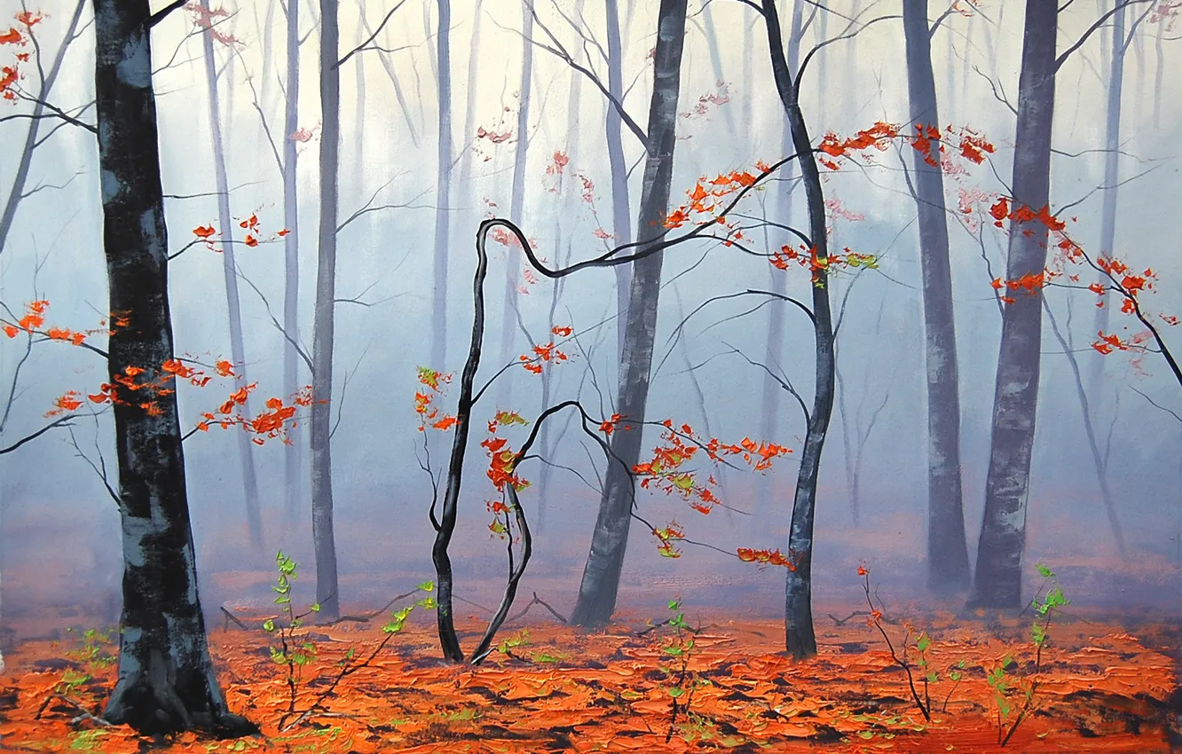 Photo wallpaper autumn, leaves, trees, nature, fog, art, artsaus