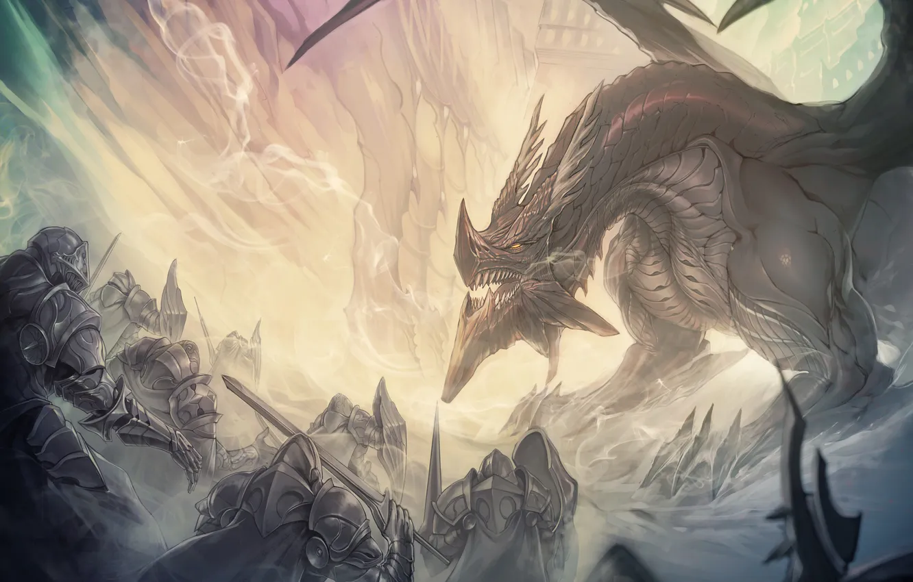 Photo wallpaper dragon, sword, armor, warrior, art