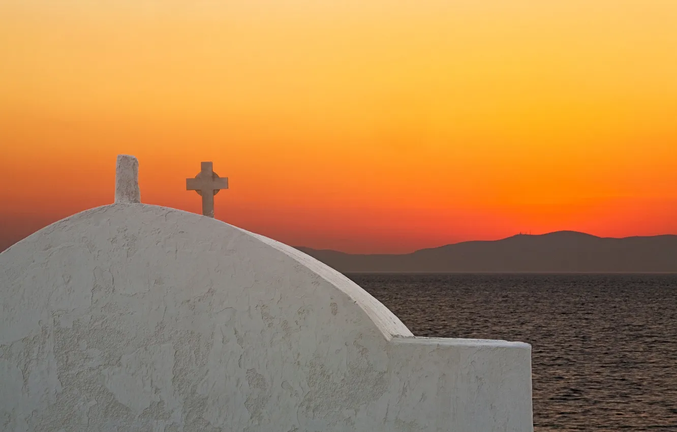 Photo wallpaper sea, the sky, sunset, mountains, island, Greece, Church