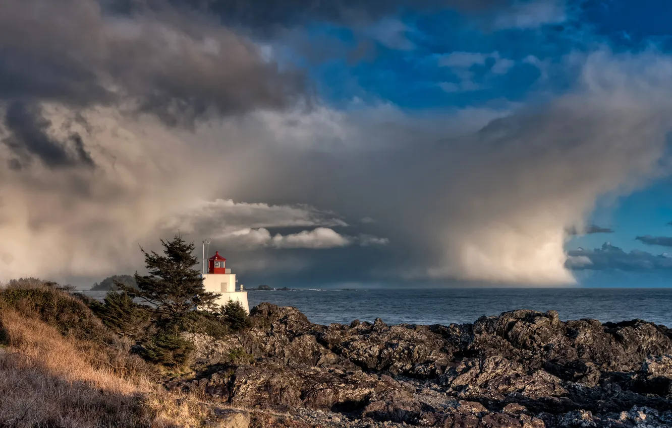 Photo wallpaper sea, clouds, stones, coast, lighthouse, horizon, Canada, Ucluelet
